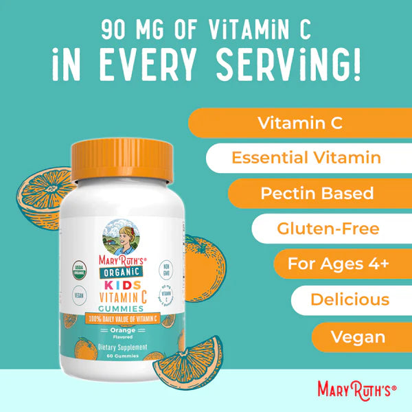 Mary Ruth's Organic Kids Vitamin C Gummies bottle with product details on a teal background