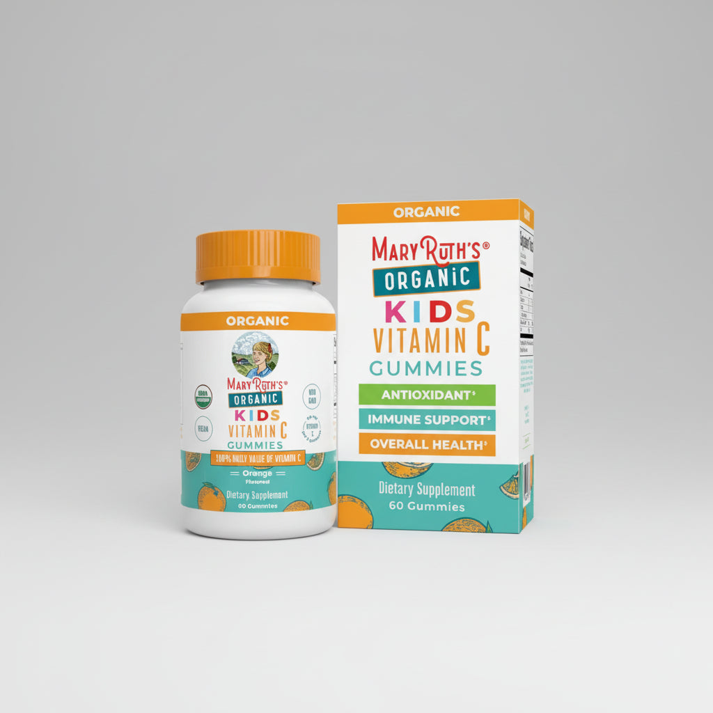 Mary Ruth's Organic Kids Vitamin C Gummies bottle and packaging on a white background