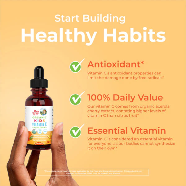 Hand holding a bottle of vitamin C with text about building healthy habits on a yellow background
