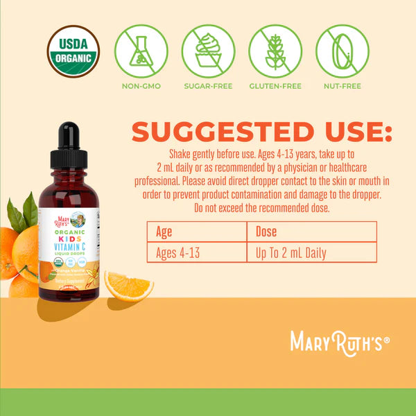 Vitamin C supplement bottle with label and suggested use instructions on a branded background