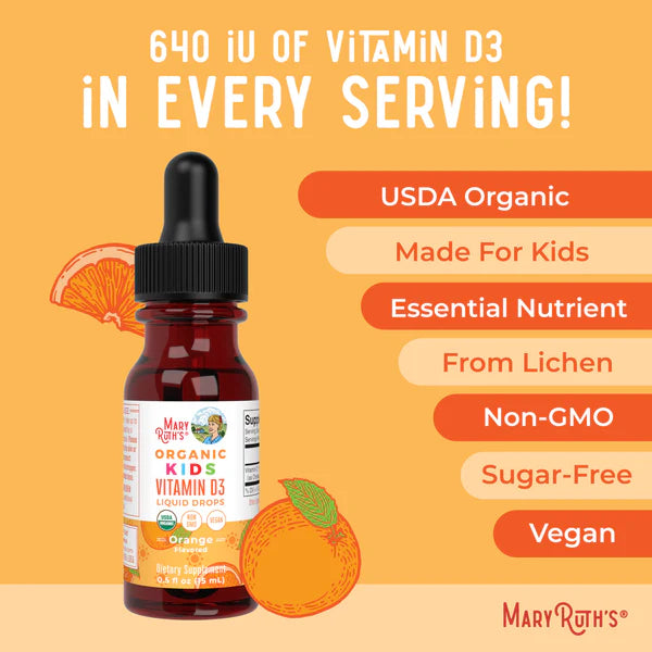 Mary Ruth's Organic Kids Vitamin D3 bottle with orange slices on a yellow background