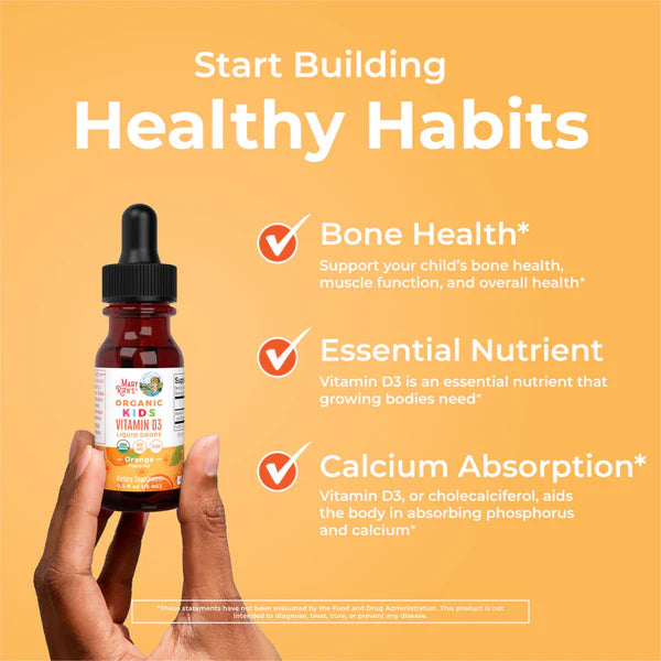 Hand holding a bottle of vitamin supplement with text about building healthy habits on an orange background