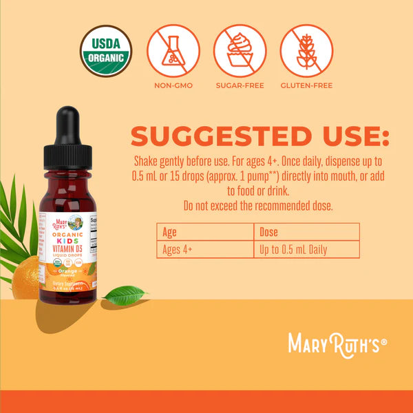 Mary Ruth's Organic Kids Vitamin D3 bottle with usage instructions on a beige background