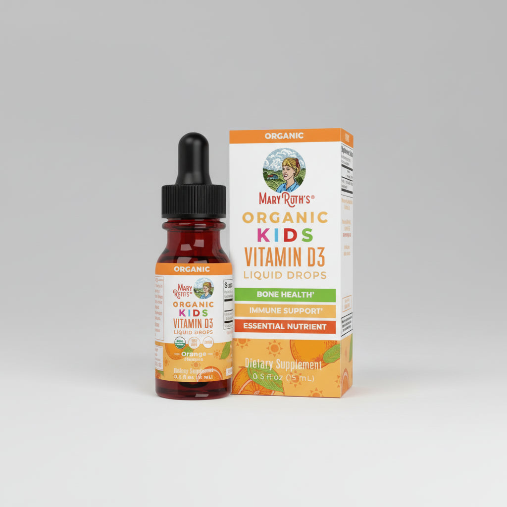 Mary Ruth's Organic Kids Vitamin D3 Liquid Drops bottle and packaging on a white background
