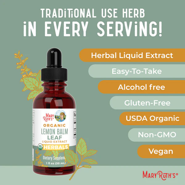 Mary Ruth's Organic Lemon Balm Leaf Liquid Extract bottle with product features on a green background