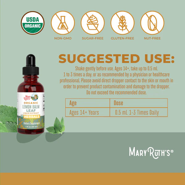 Bottle of Mary Ruth's lemon balm leaf tincture with suggested use and product details on a green background.
