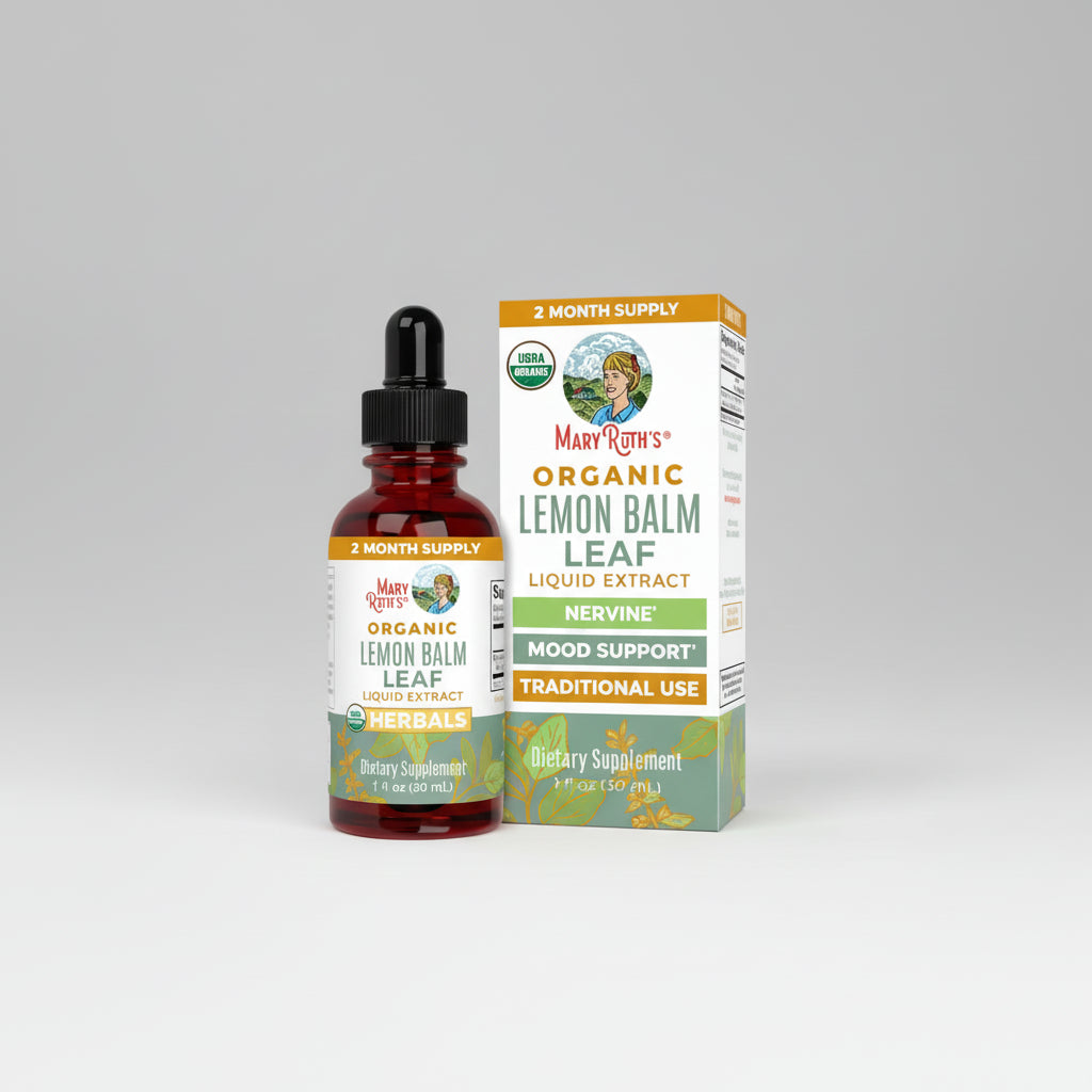 Mary Ruth's Organic Lemon Balm Leaf Liquid Extract bottle and packaging on a white background