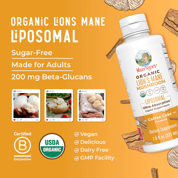 Mary Ruth's Organic Lions Mane Mushroom Liposomal supplement bottle on an orange background with product details.