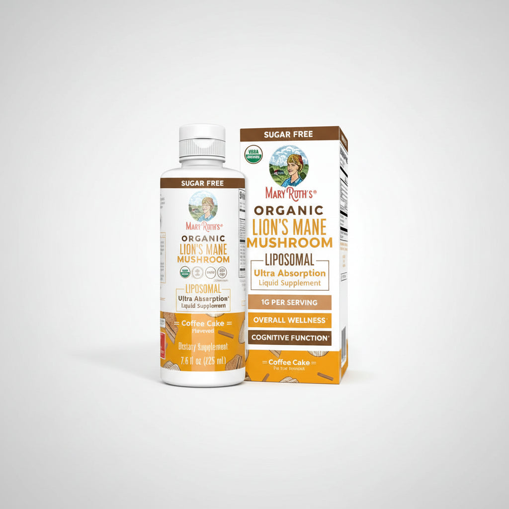 Mary Ruth's Organic Lion's Mane Mushroom supplement bottle and packaging on a white background