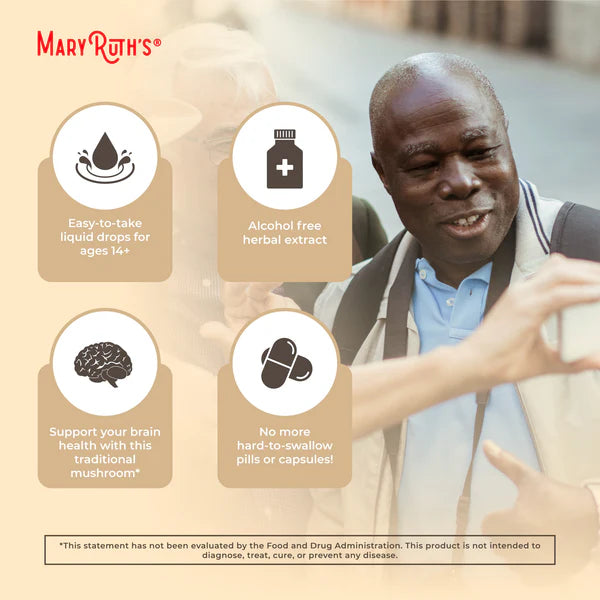 Advertisement for Mary Ruth's product featuring a man and product benefits on a beige background.