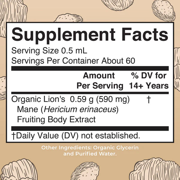 Supplement facts label for Lion's Mane mushroom extract on a beige background with illustrations of lion's mane mushrooms.