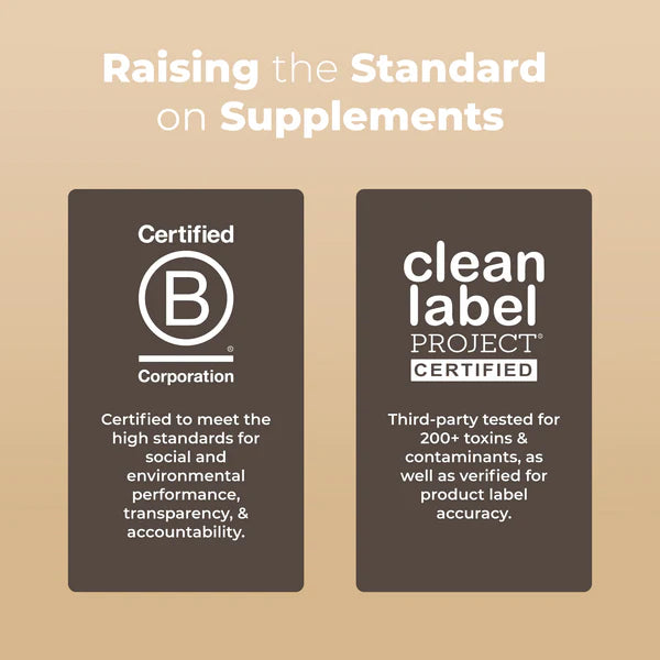 Two certification logos on a beige background with text about social and environmental standards.