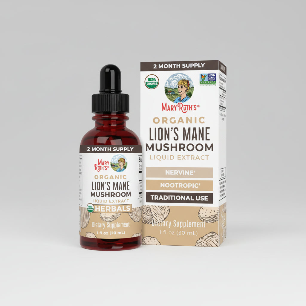 Mary Ruth's Organic Lion's Mane Mushroom Liquid Extract bottle and packaging on a white background
