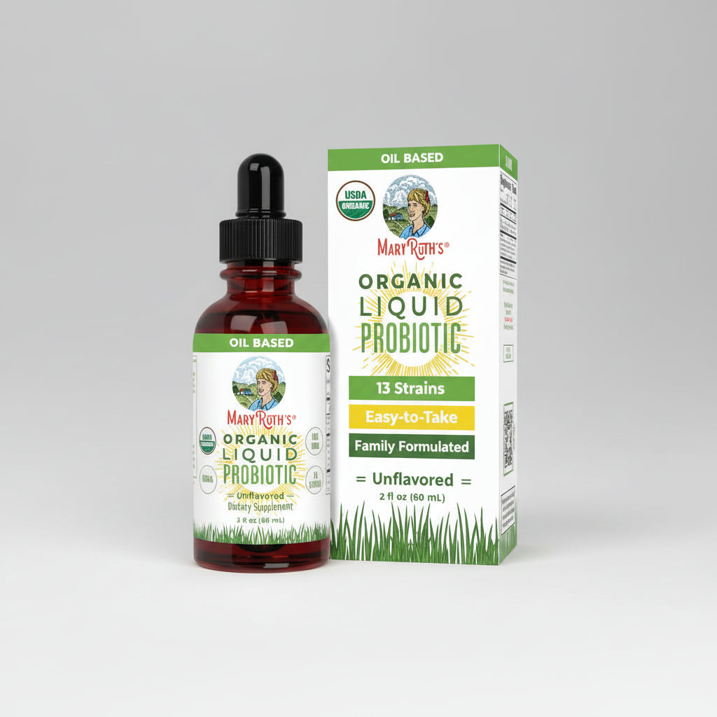 Mary Ruth's Organic Liquid Probiotic bottle and packaging on a white background