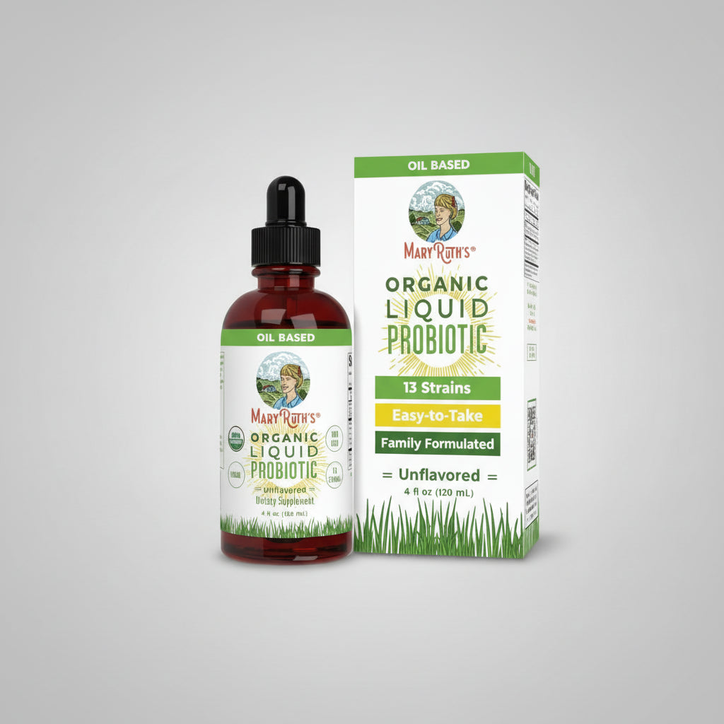 Mary Ruth's Organic Liquid Probiotic bottle and packaging on a white background