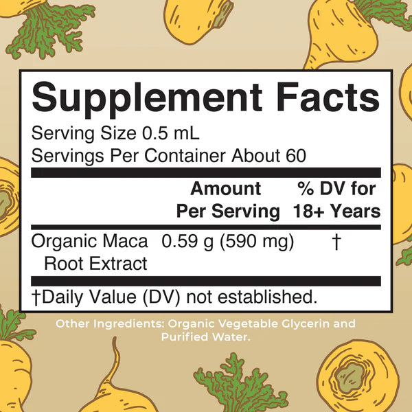 Supplement facts label with maca root illustrations on a beige background