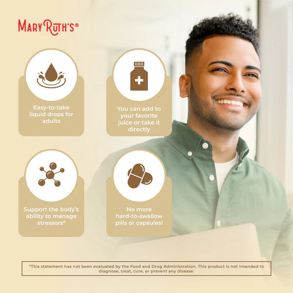Man smiling with Mary Ruth's product features on a beige background