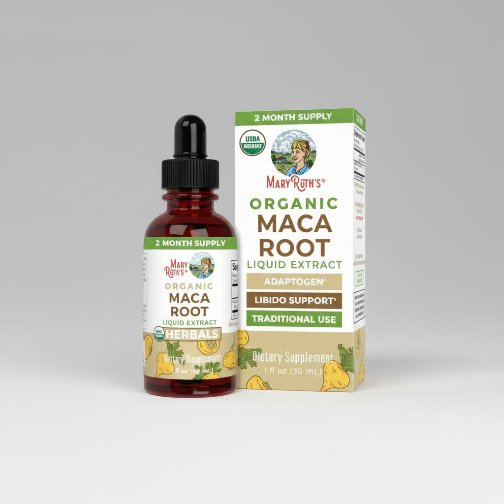 Mary Ruth's Organic Maca Root Liquid Extract bottle and packaging on a white background