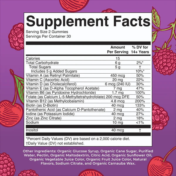 Supplement facts label with colorful gummy bear graphics on a purple background