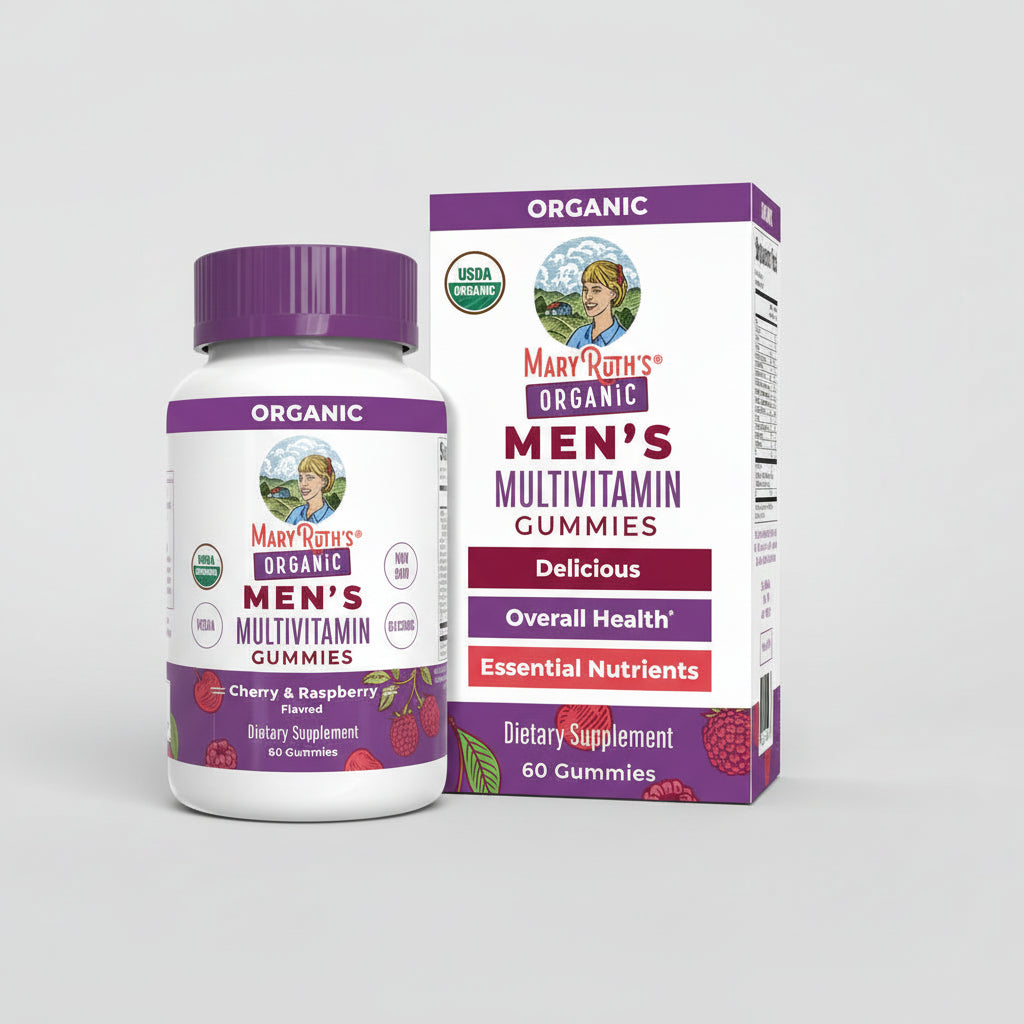 Mary Ruth's Organic Men's Multivitamin Gummies bottle and packaging on a white background