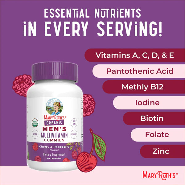 Mary Ruth's Men's Multivitamin Gummies bottle with vitamins listed on a purple background