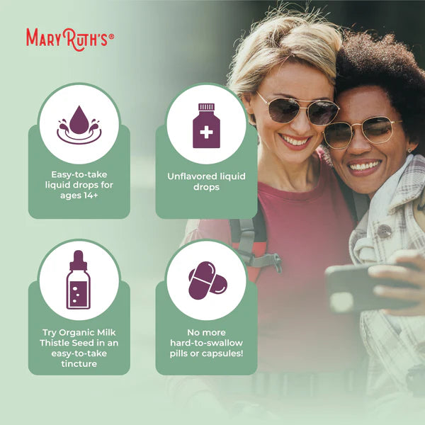 Two people smiling outdoors with Mary Ruth's product information displayed.