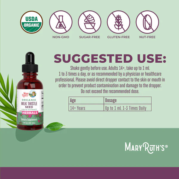 Bottle of Mary Ruth's Organic Milk Thistle Seed Extract with usage instructions and product details on a green background.