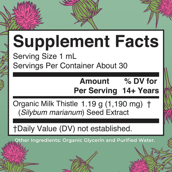 Supplement facts label with organic milk thistle extract on a green background with plant illustrations.