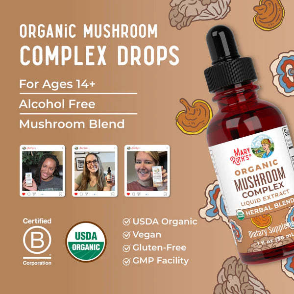 Mary Ruth's Organic Mushroom Complex drops bottle with product details on a brown background