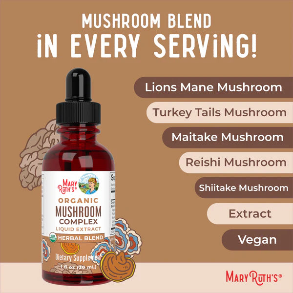 Mary Ruth's Organic Mushroom Complex bottle with text about mushroom blend on a brown background