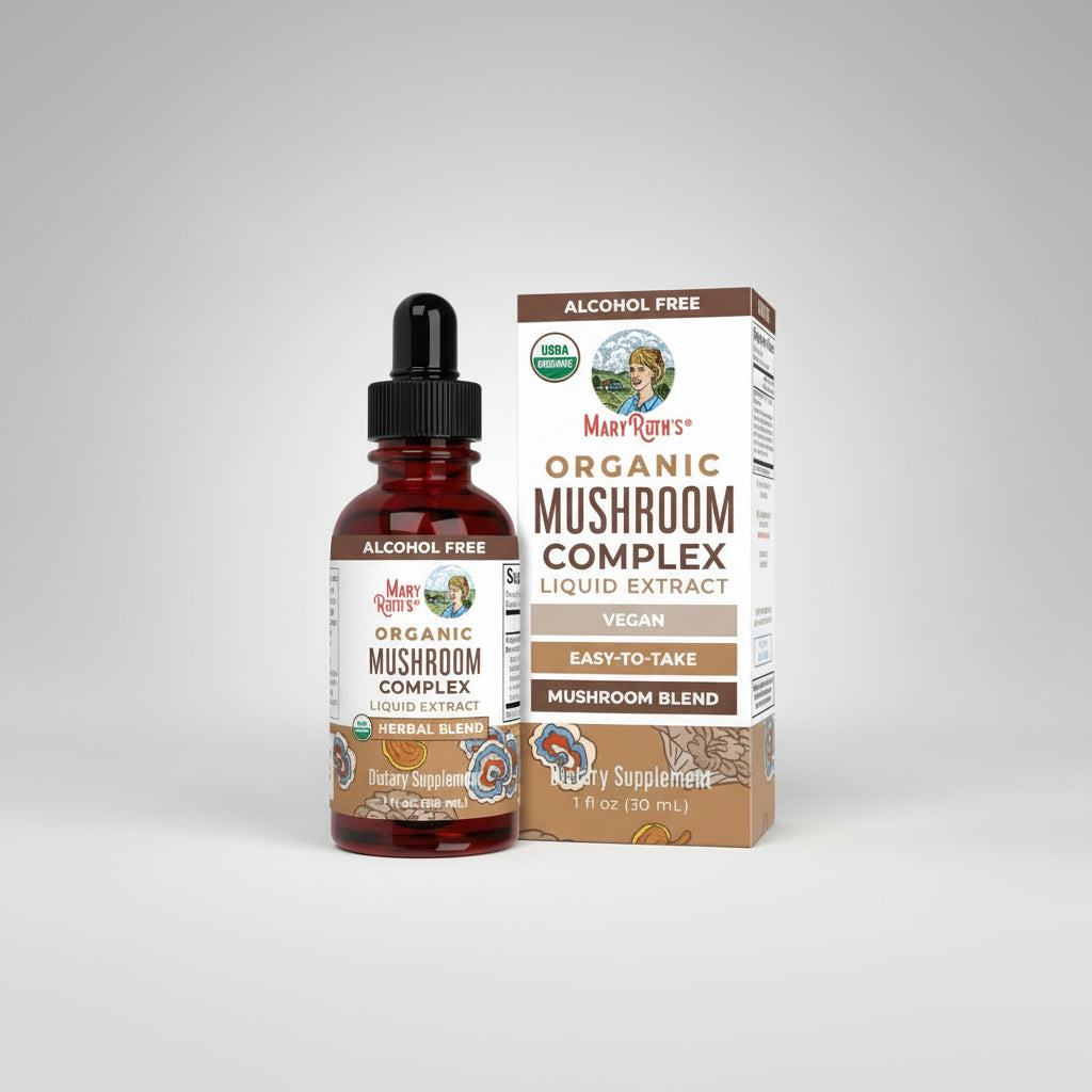 Mary Ruth's Organic Mushroom Complex Liquid Extract bottle and packaging on a white background