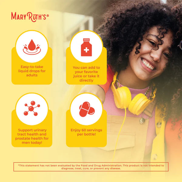 Advertisement for Mary Ruth's product featuring a woman with yellow headphones and text about the product's benefits.