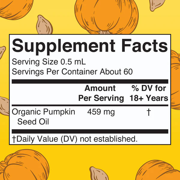 Supplement facts label for organic pumpkin seed oil with pumpkins on a yellow background