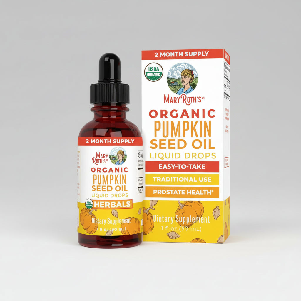 Mary Ruth's Organic Pumpkin Seed Oil Liquid Drops bottle and packaging on a white background