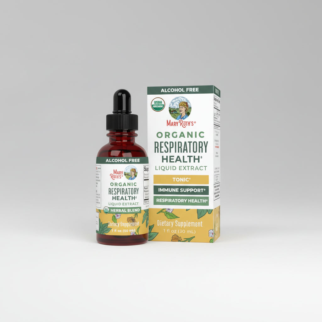 MaryRuth's Organic Respiratory Health Liquid Extract bottle and packaging on a white background