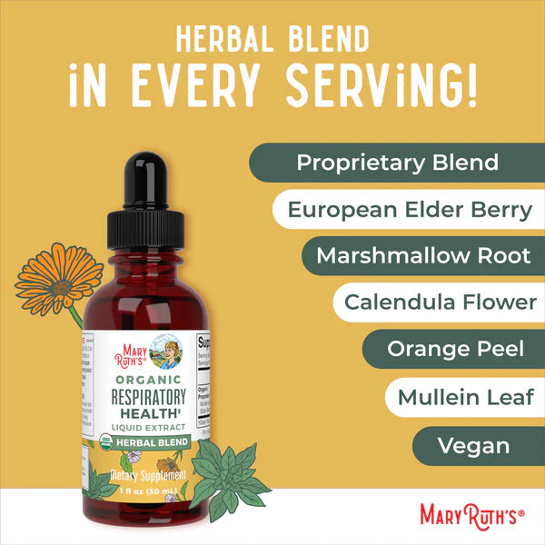 Mary Ruth's Organic Respiratory Health liquid extract bottle with ingredients listed on a yellow background