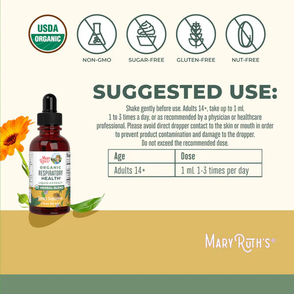 Bottle of Mary Ruth's Organic Respiratory Relief Liquid Extract with label and suggested use information.