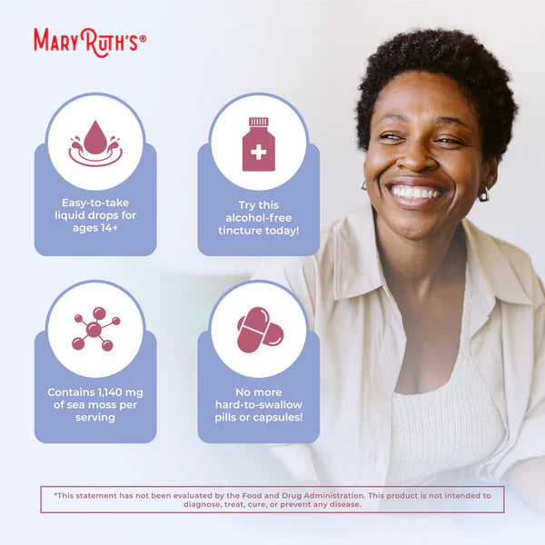 Advertisement for Mary Ruth's products featuring a smiling woman with product information.