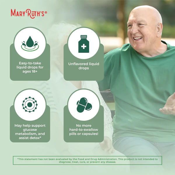 Advertisement for Mary Ruth's product featuring a man and product benefits on a green background.