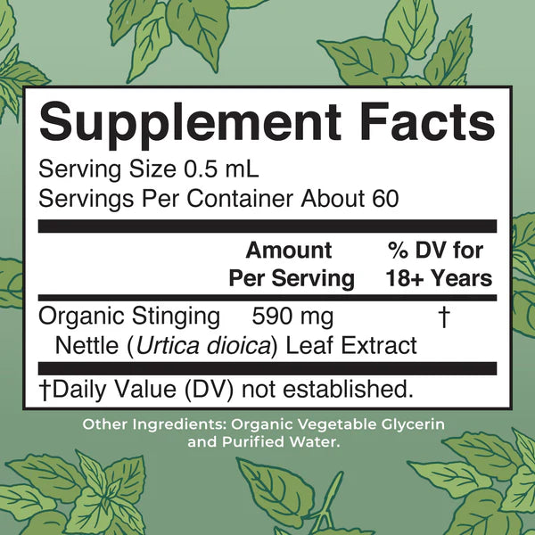 Supplement facts label for organic stinging nettle leaf extract on a green background with leaf patterns.