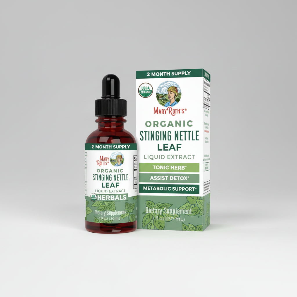 Mary Ruth's Organic Stinging Nettle Leaf Liquid Extract bottle and packaging on a white background