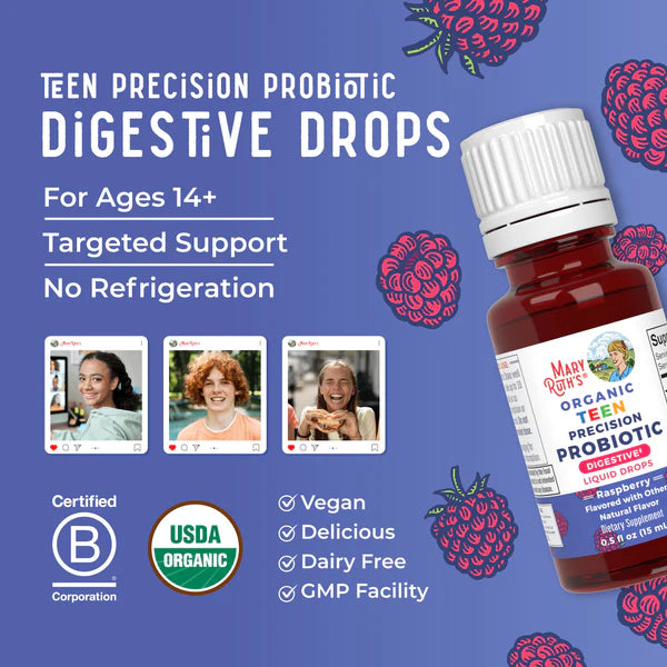 Mary Ruth's Organic Teen Precision Probiotic Digestive Drops on a blue background with product details and branding.