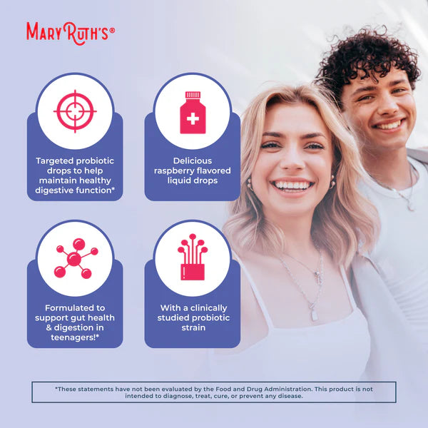 Advertisement for Mary Ruth's probiotic drops featuring a man and woman with product features listed.