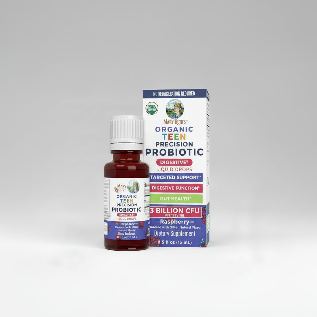 Mary Ruth's Organic Teen Precision Probiotic bottle and packaging on a white background