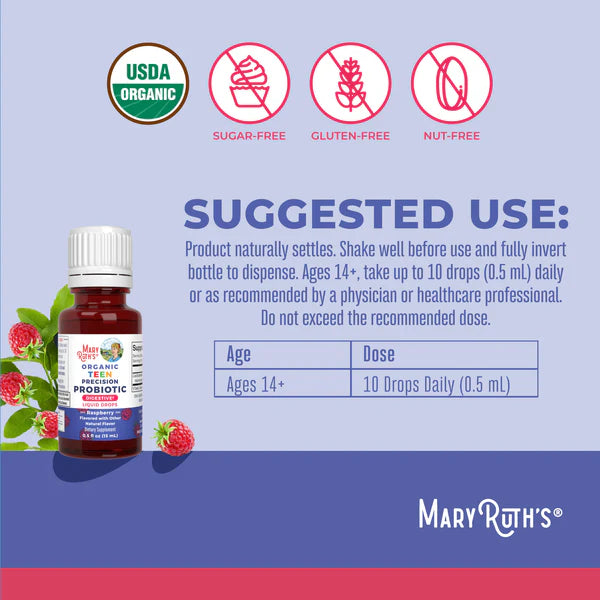 Mary Ruth's Teen Probiotic bottle with label and suggested use instructions on a blue background