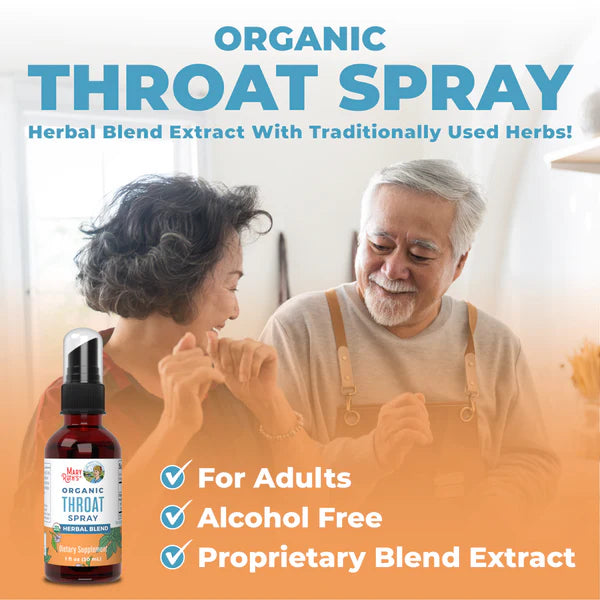 Advertisement for organic throat spray with an elderly couple and product packaging.