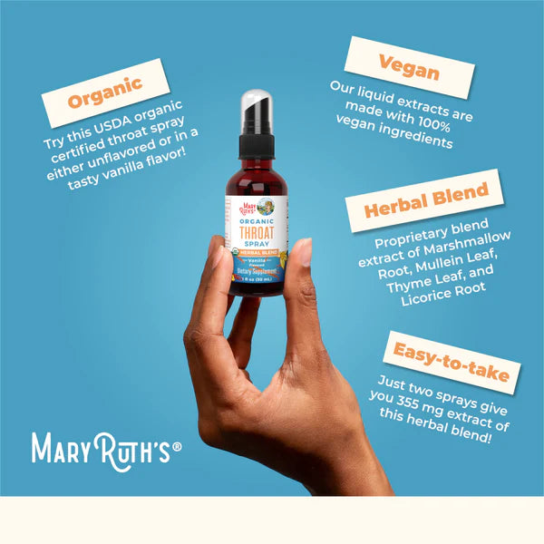 Hand holding a bottle of Mary Ruth's throat spray against a blue background with product features highlighted.