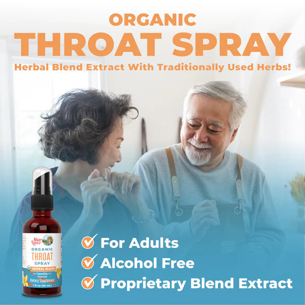 Advertisement for Organic Throat Spray with an elderly couple and product details.