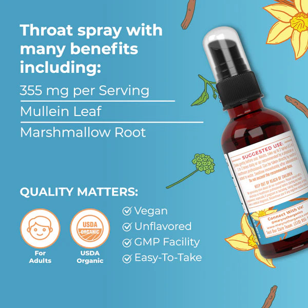 Throat spray bottle with ingredients and benefits on a blue background