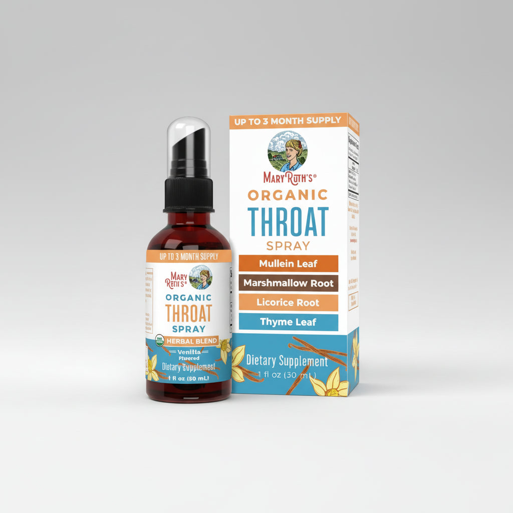 Mary Ruth's Organic Throat Spray bottle and packaging on a white background